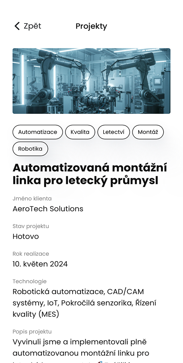 Ukázka modulu Projekty v aplikaci