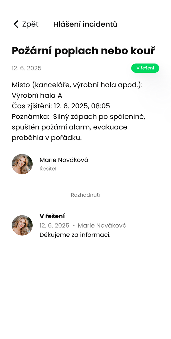 Ukázka modulu Hlášení incidentů v aplikaci