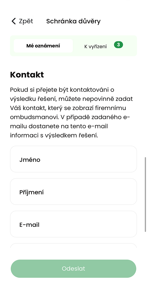 Ukázka modulu Schránka důvěry v aplikaci