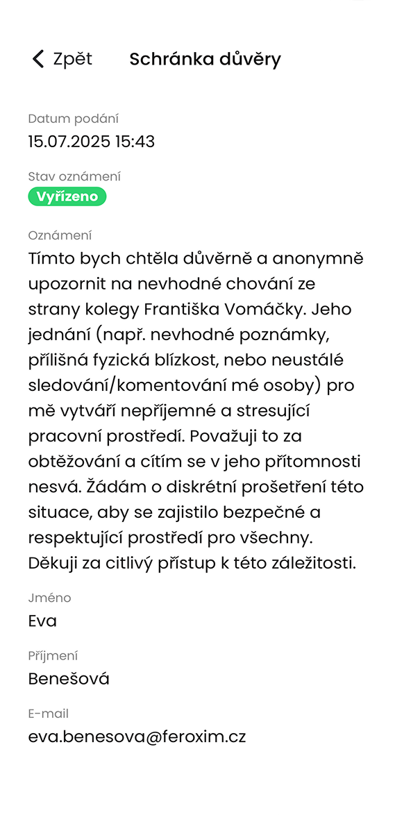 Ukázka modulu Schránka důvěry v aplikaci