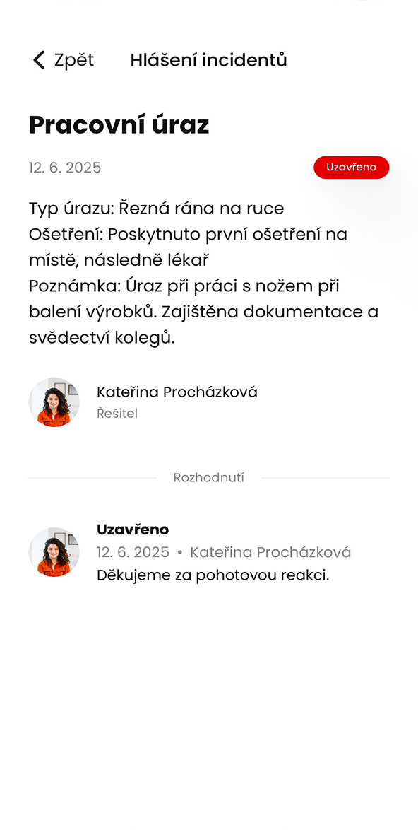 Ukázka modulu Hlášení incidentů v aplikaci