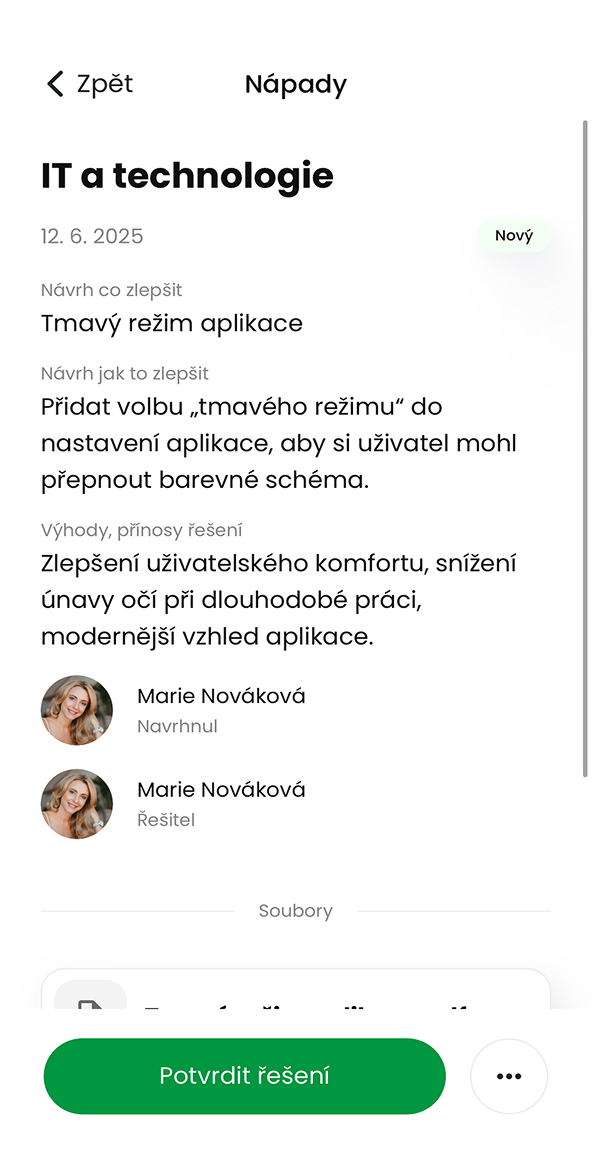 Ukázka modulu Nápady a zlepšovací návrhy v aplikaci