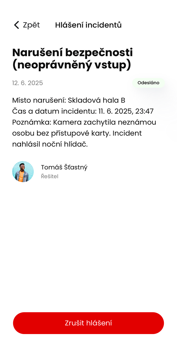 Ukázka modulu Hlášení incidentů v aplikaci