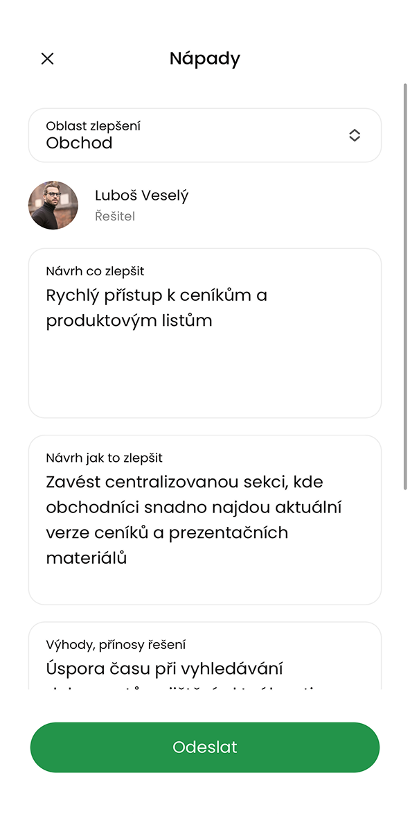 Ukázka modulu Nápady a zlepšovací návrhy v aplikaci