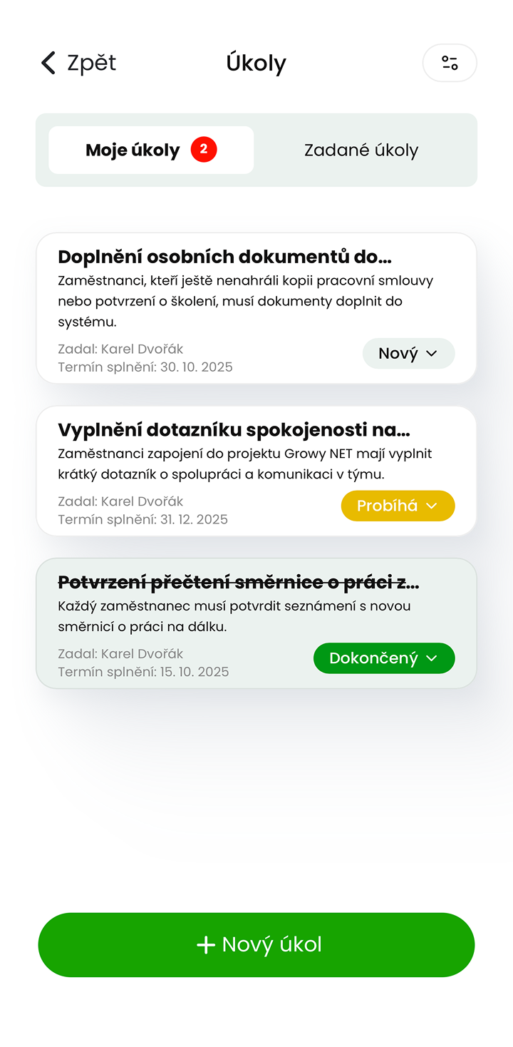 Ukázka modulu Úkoly v mobilní aplikaci