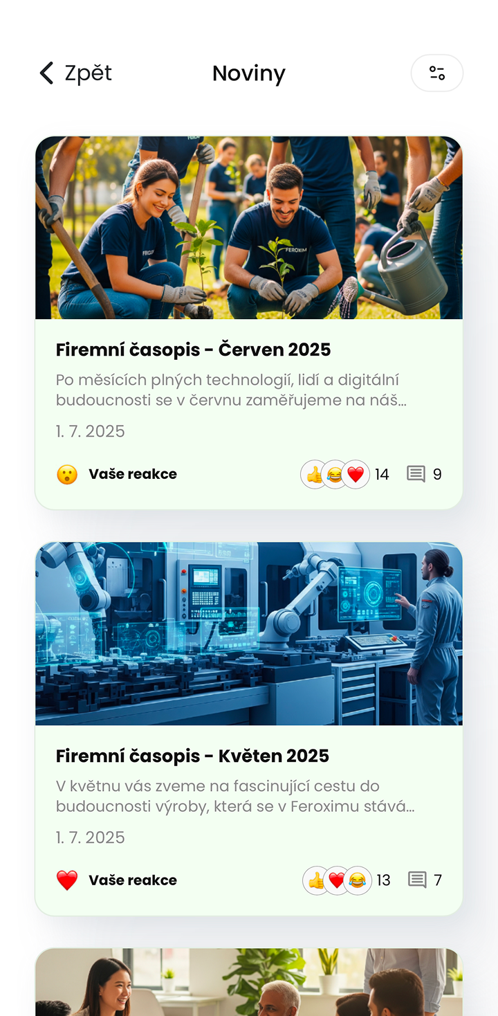 Ukázka modulu Firemní časopis v mobilní aplikaci
