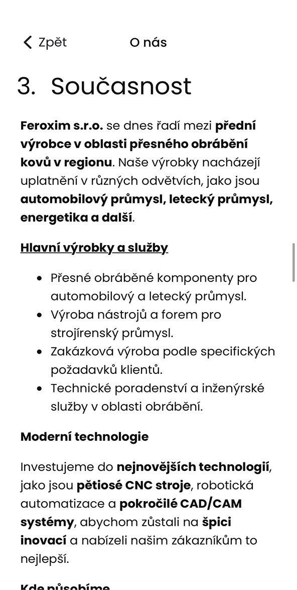 Ukázka modulu O nás v aplikaci