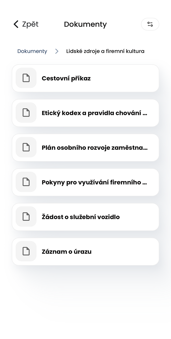 Ukázka modulu Dokumenty v aplikaci