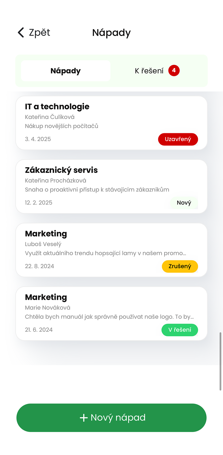 Ukázka modulu Nápady a zlepšovací návrhy v mobilní aplikaci