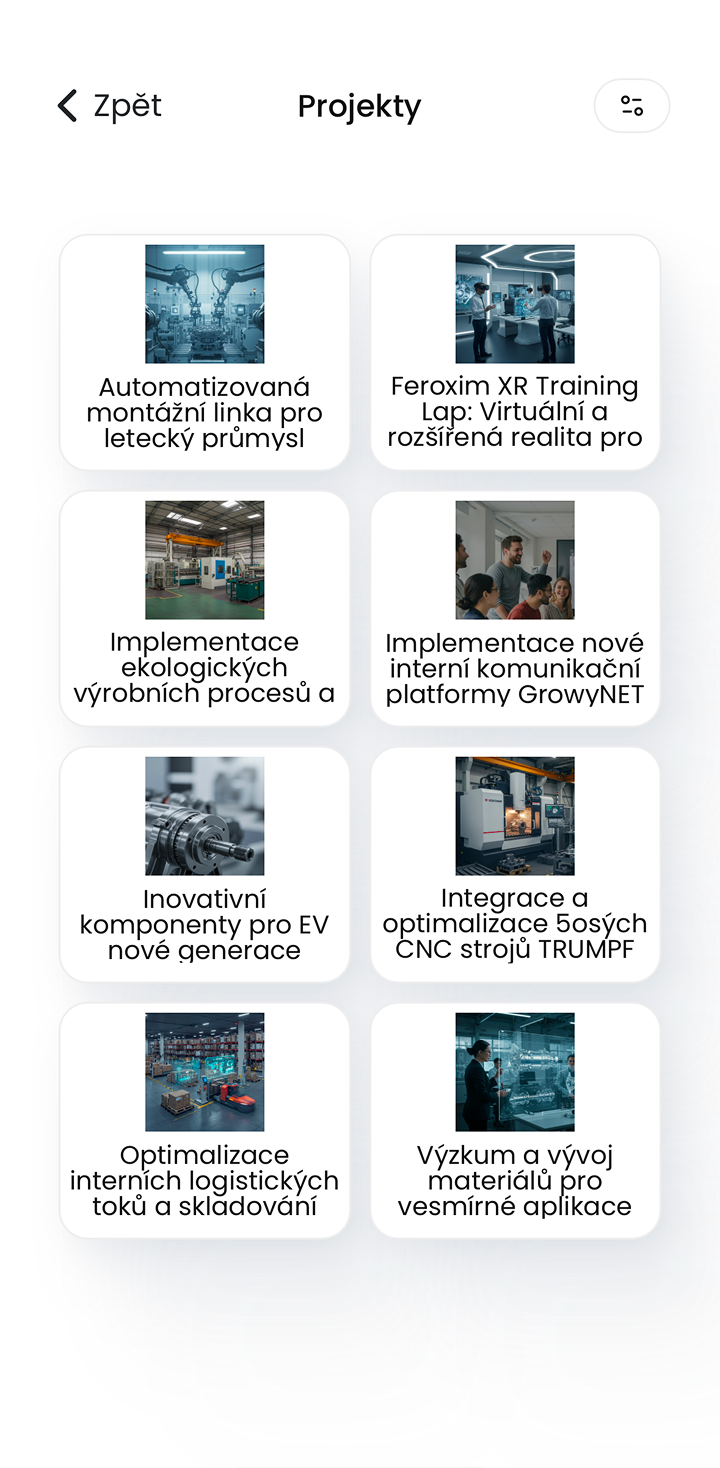 Ukázka modulu Projekty v mobilní aplikaci