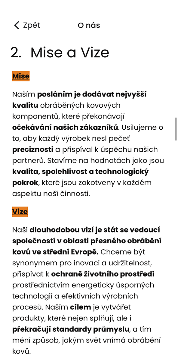 Ukázka modulu O nás v aplikaci