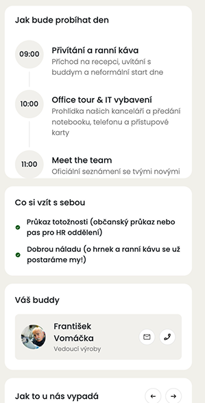 Ukázka modulu Preboarding v aplikaci