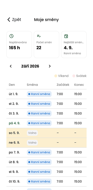 Ukázka modulu Plánování směn v mobilní aplikaci
