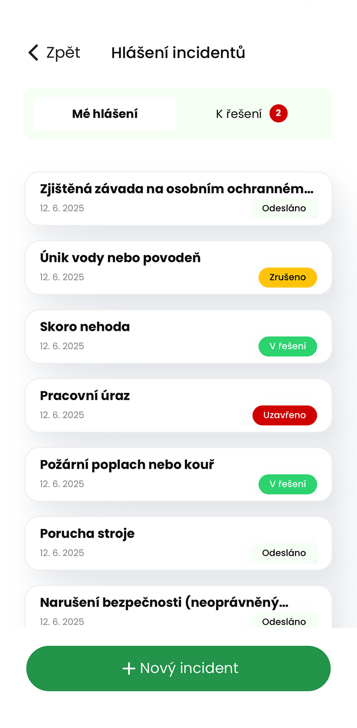 Ukázka modulu Hlášení incidentů v mobilní aplikaci
