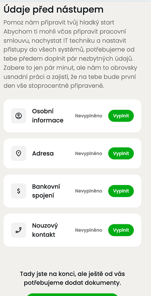 Ukázka modulu Preboarding v aplikaci
