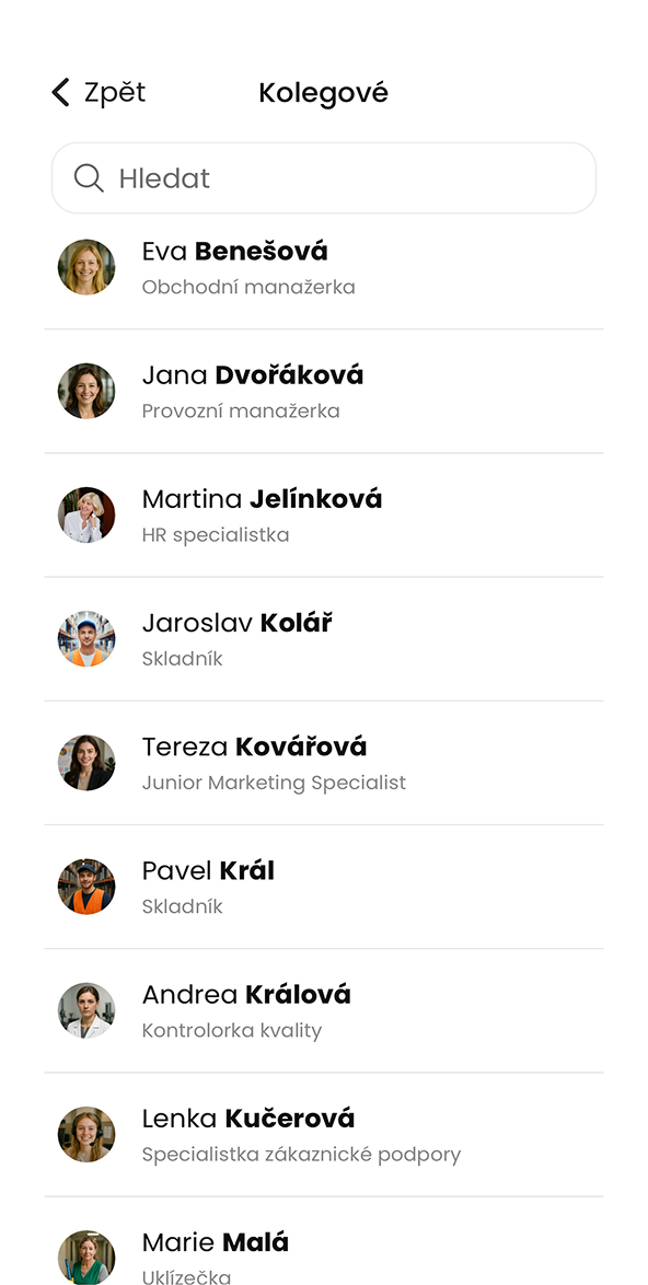 Ukázka modulu Kolegové v aplikaci