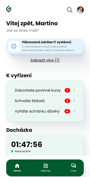 Ukázka modulu Docházka v aplikaci