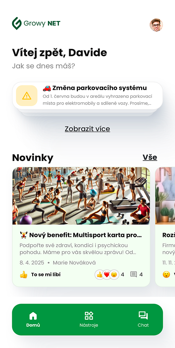 Ukázka modulu Důležitá sdělení v aplikaci