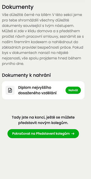 Ukázka modulu Preboarding v aplikaci