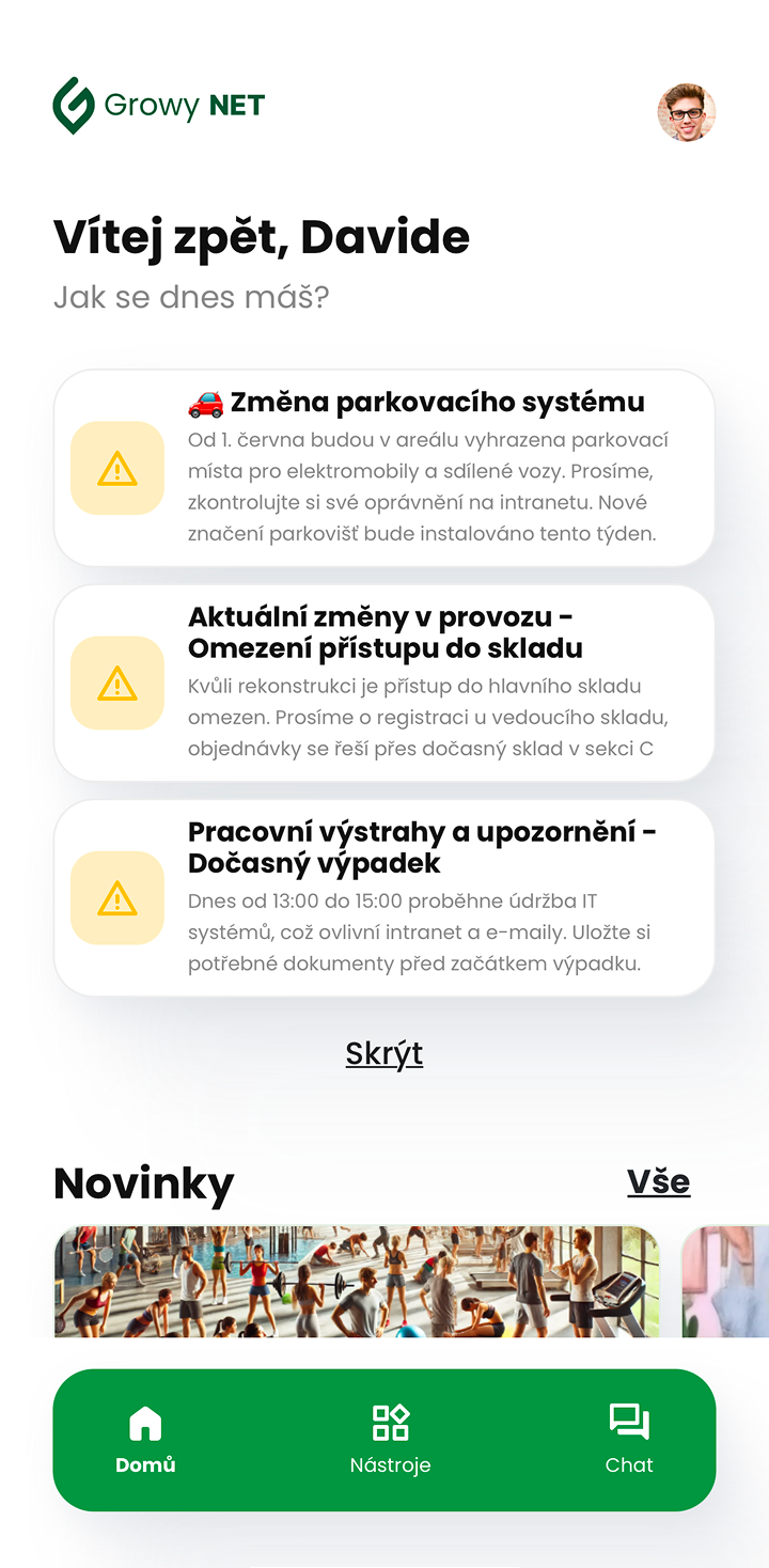 Ukázka modulu Důležitá sdělení v mobilní aplikaci