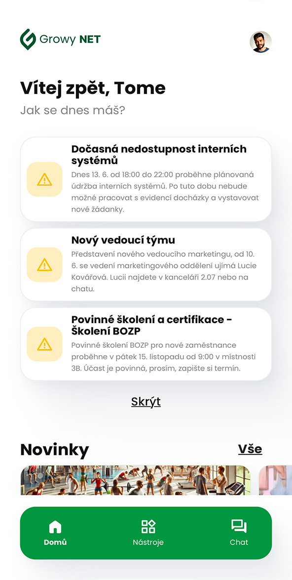 Ukázka modulu Důležitá sdělení v aplikaci