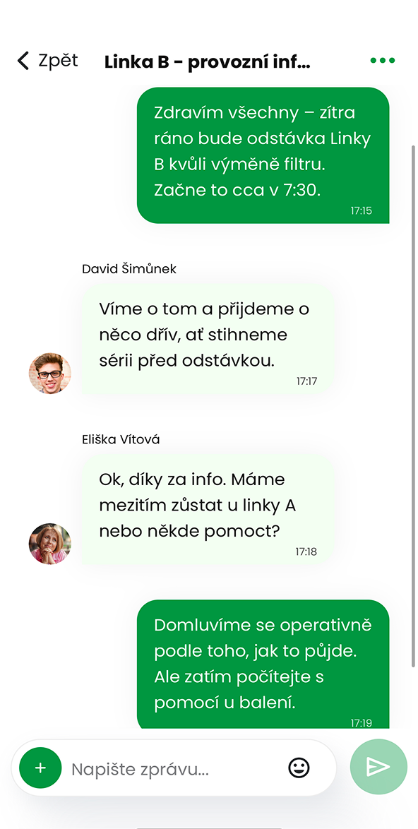 Ukázka modulu Chat v aplikaci