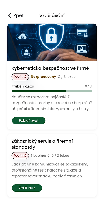 Ukázka modulu Školení a vzdělávání v mobilní aplikaci