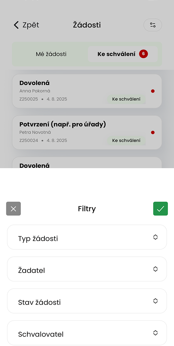 Ukázka modulu Žádosti v aplikaci
