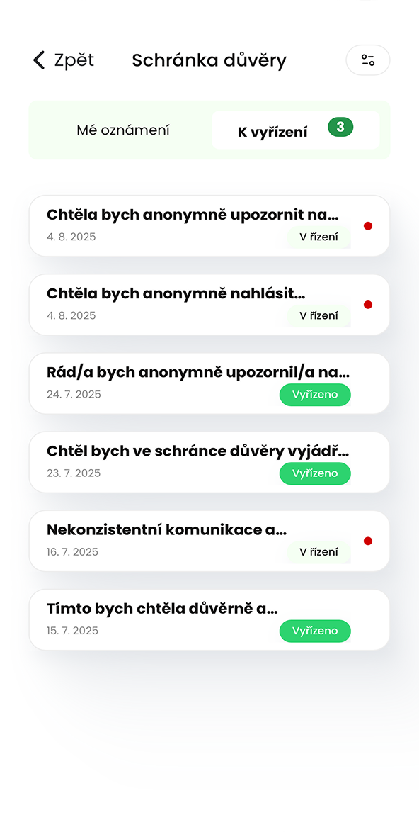 Ukázka modulu Schránka důvěry v aplikaci