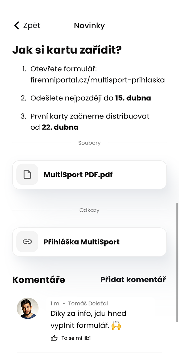Ukázka modulu Novinky v aplikaci