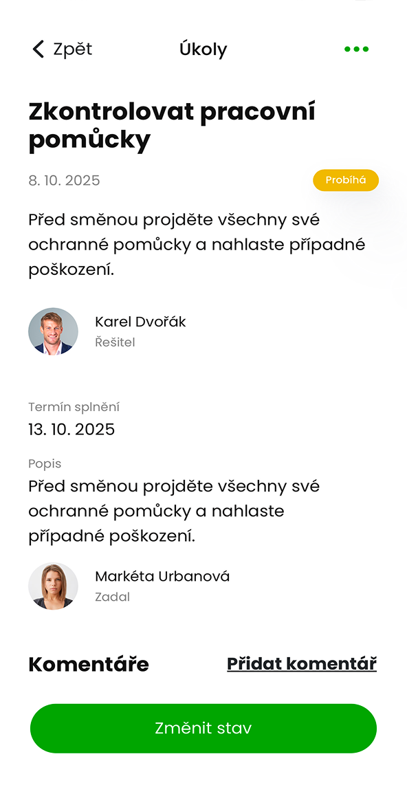 Ukázka modulu Úkoly v aplikaci