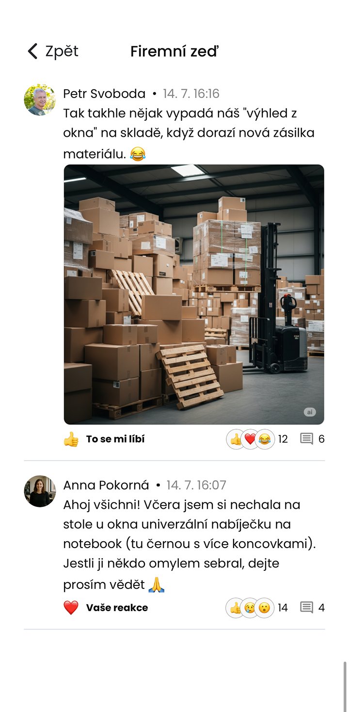 Ukázka modulu Firemní zeď v mobilní aplikaci