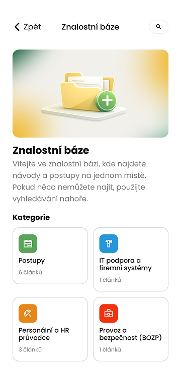 Ukázka modulu Znalostní báze v mobilní aplikaci