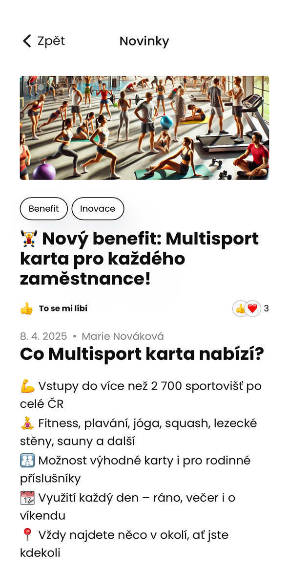 Ukázka modulu Novinky v aplikaci