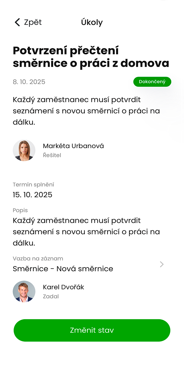 Ukázka modulu Úkoly v aplikaci