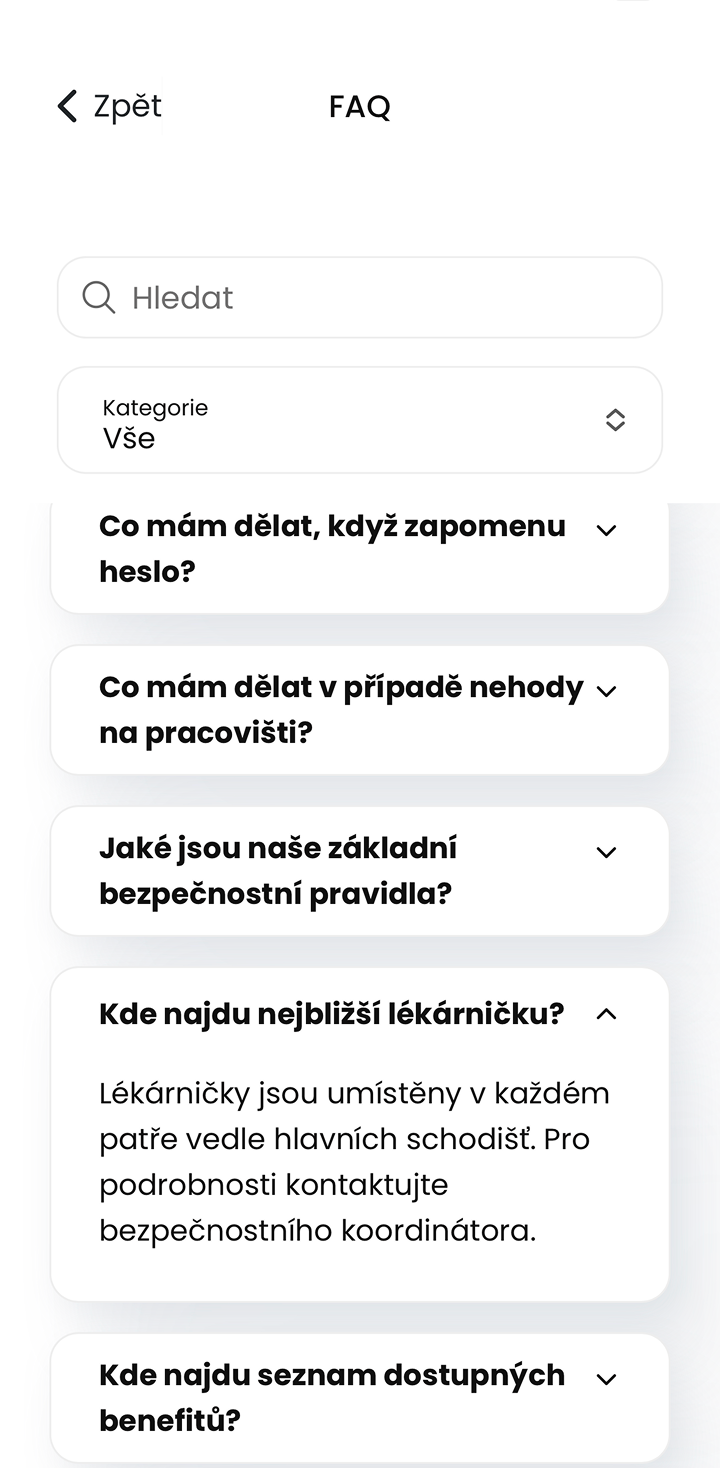 Ukázka modulu FAQ v mobilní aplikaci
