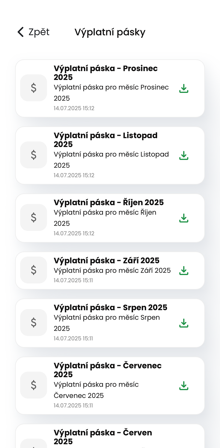 Ukázka modulu Výplatní pásky v mobilní aplikaci