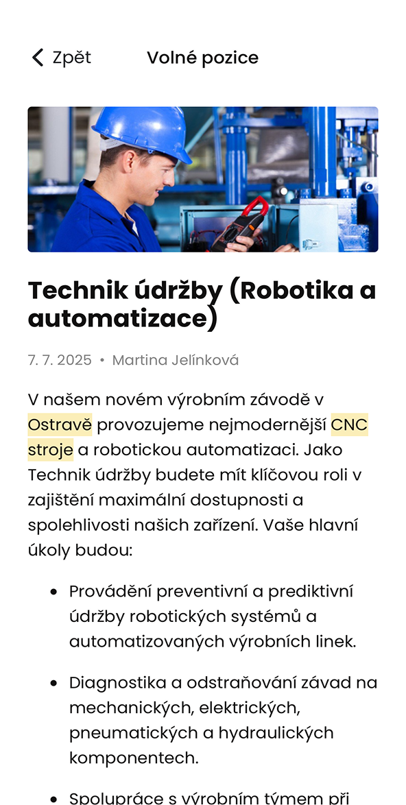 Ukázka modulu Volné pozice v aplikaci