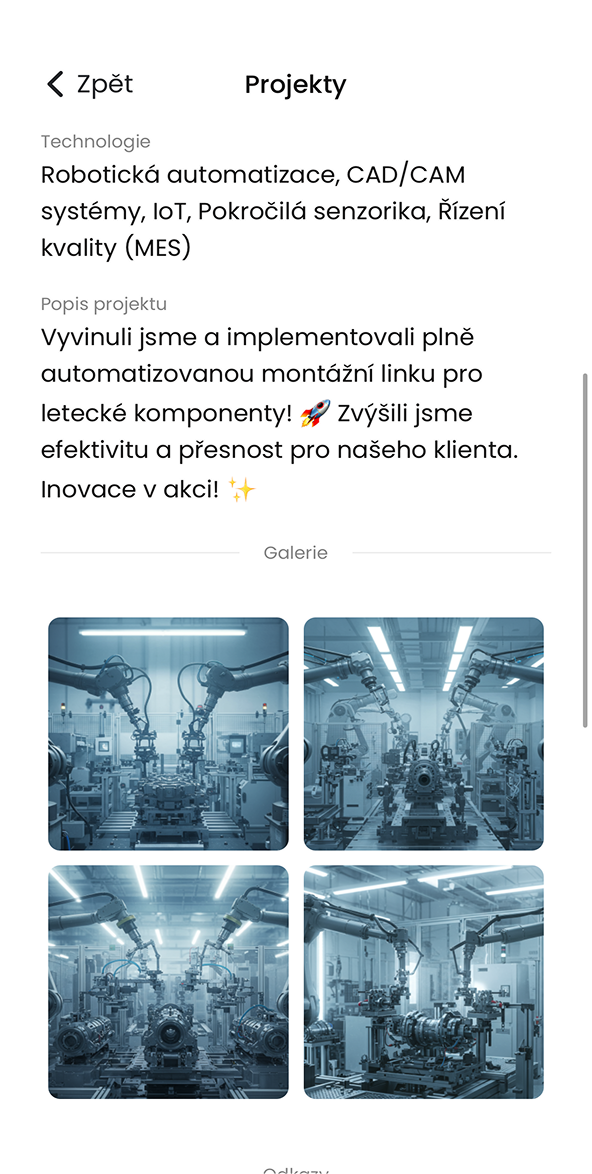 Ukázka modulu Projekty v aplikaci