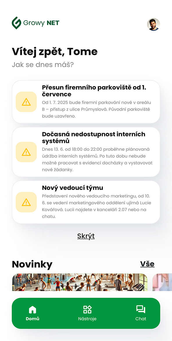 Ukázka modulu Důležitá sdělení v aplikaci