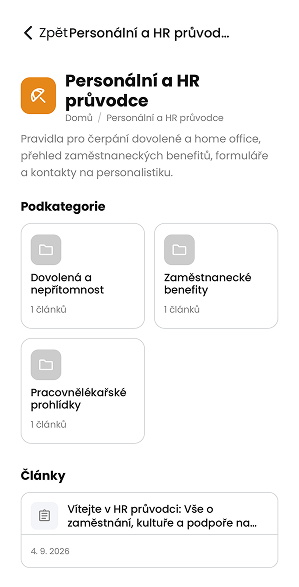 Ukázka modulu Znalostní báze v aplikaci