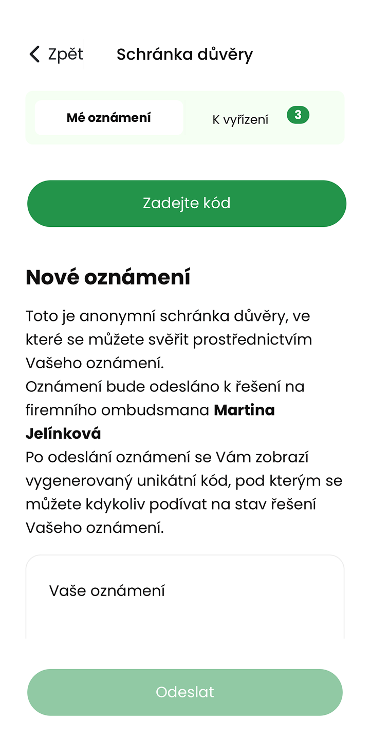 Ukázka modulu Schránka důvěry v mobilní aplikaci
