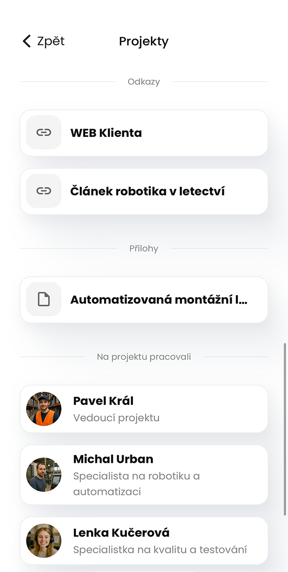 Ukázka modulu Projekty v aplikaci