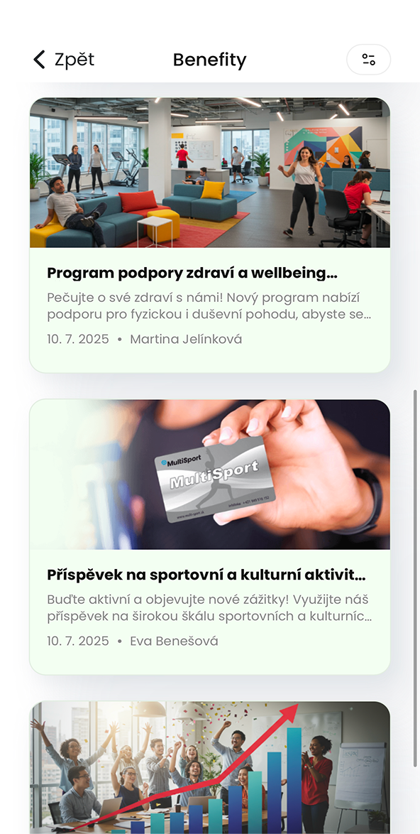 Ukázka modulu Benefity v aplikaci