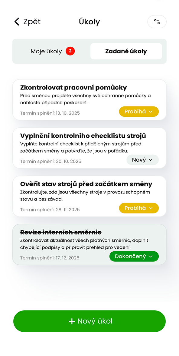 Ukázka modulu Úkoly v aplikaci