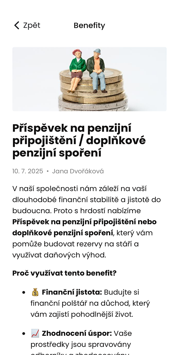 Ukázka modulu Benefity v aplikaci