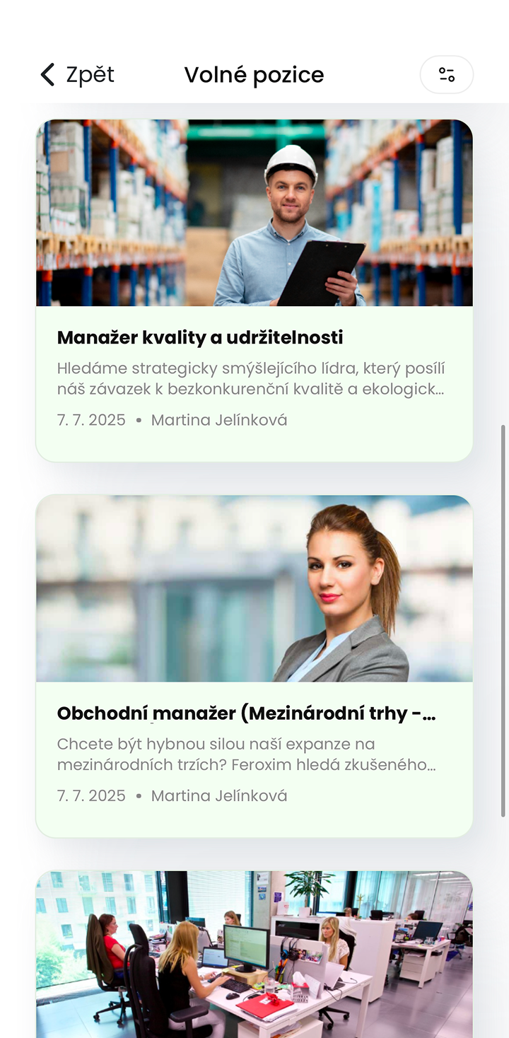 Ukázka modulu Volné pozice v mobilní aplikaci
