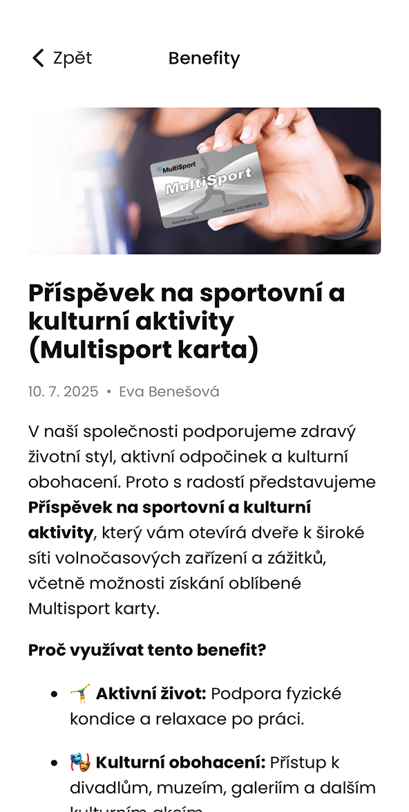 Ukázka modulu Benefity v aplikaci