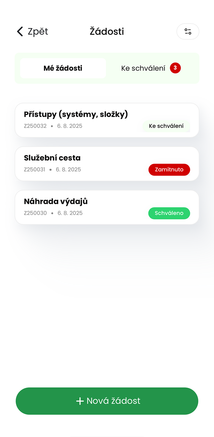 Ukázka modulu Žádosti v mobilní aplikaci