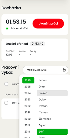 Ukázka modulu Docházka v mobilní aplikaci